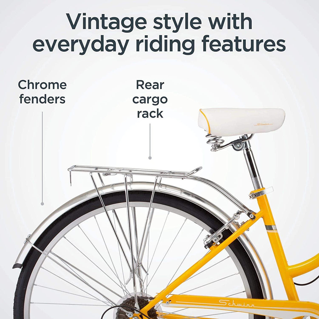 Schwinn Wayfarer Adult Bike Hybrid Retro-Styled Cruiser, 16-Inch/Small Steel Step-Through Frame, 7-Speed Drivetrain, Rear Rack, 700C Wheels, Yellow