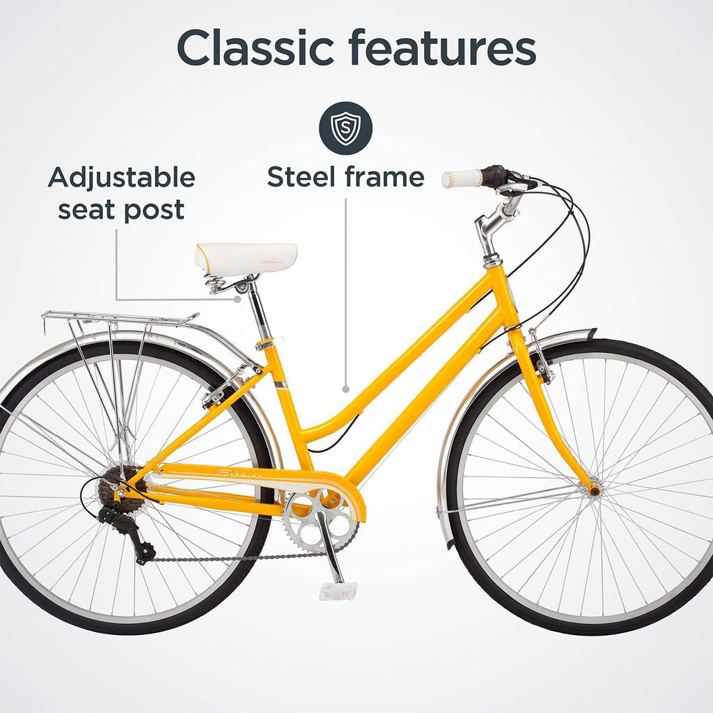 Schwinn Wayfarer Adult Bike Hybrid Retro-Styled Cruiser, 16-Inch/Small Steel Step-Through Frame, 7-Speed Drivetrain, Rear Rack, 700C Wheels, Yellow