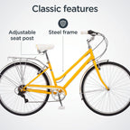 Schwinn Wayfarer Adult Bike Hybrid Retro-Styled Cruiser, 16-Inch/Small Steel Step-Through Frame, 7-Speed Drivetrain, Rear Rack, 700C Wheels, Yellow