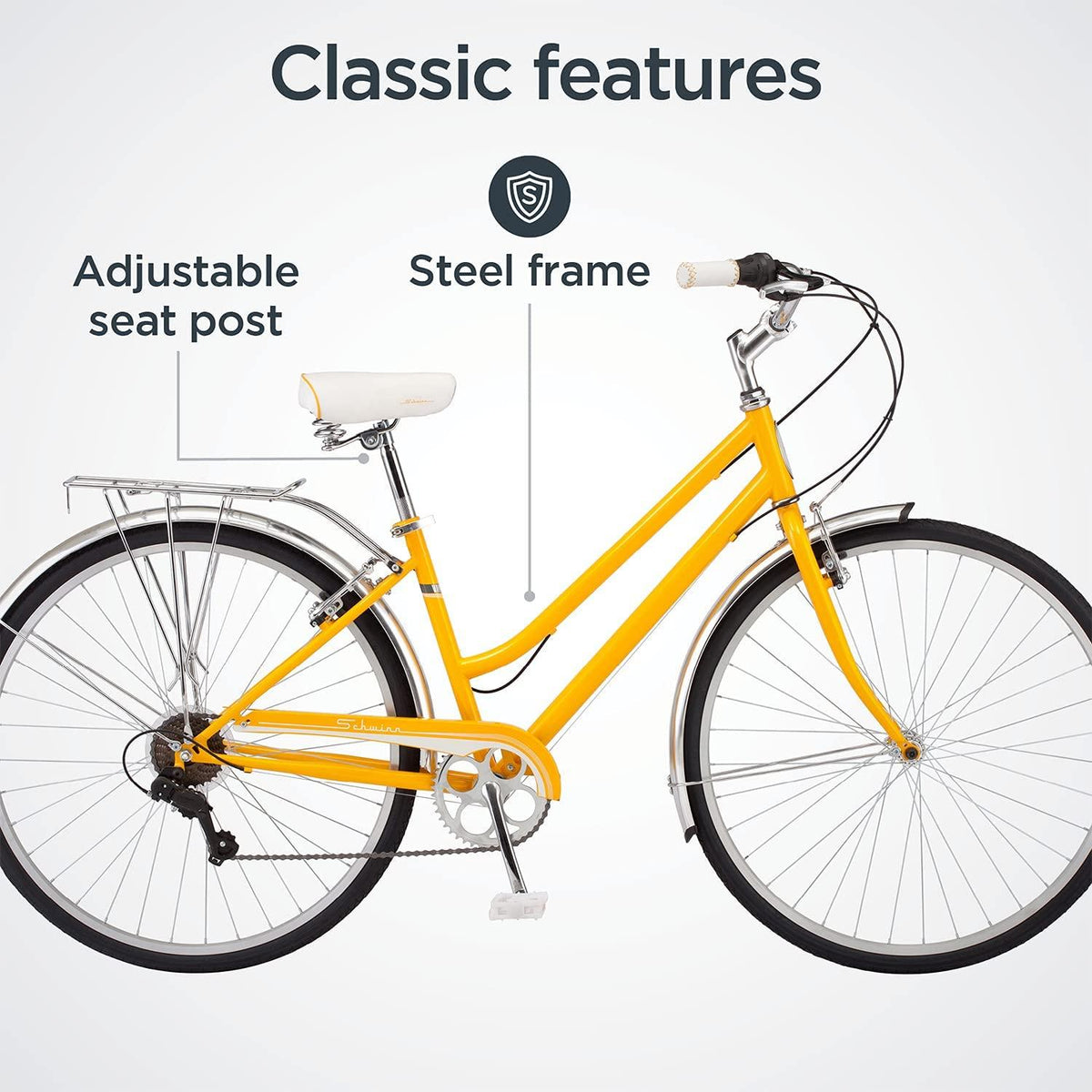 Schwinn Wayfarer Adult Bike Hybrid Retro-Styled Cruiser, 16-Inch/Small Steel Step-Through Frame, 7-Speed Drivetrain, Rear Rack, 700C Wheels, Yellow