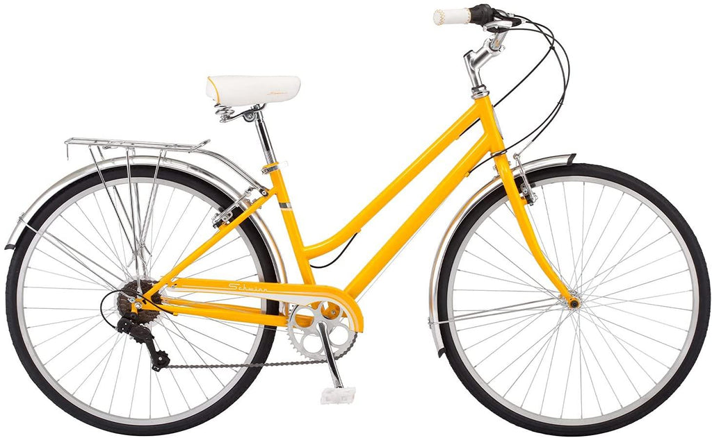 Schwinn Wayfarer Adult Bike Hybrid Retro-Styled Cruiser, 16-Inch/Small Steel Step-Through Frame, 7-Speed Drivetrain, Rear Rack, 700C Wheels, Yellow