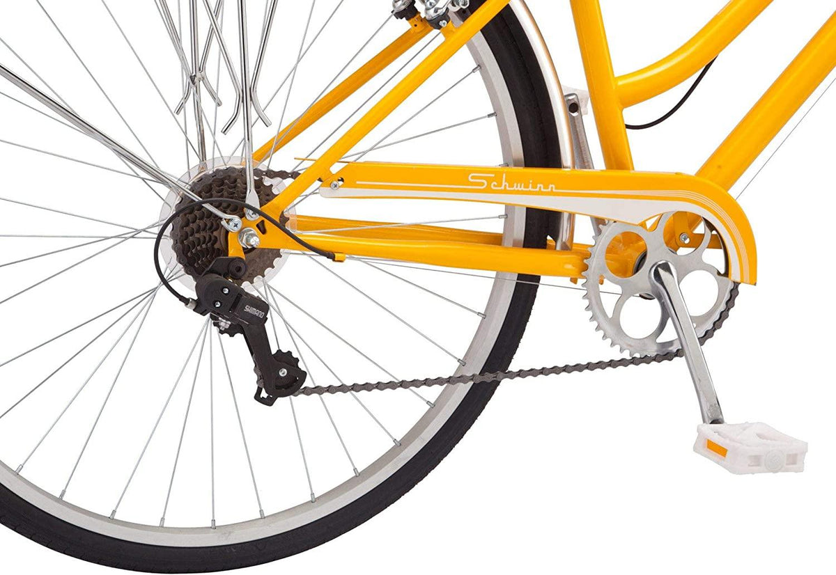 Schwinn Wayfarer Adult Bike Hybrid Retro-Styled Cruiser, 16-Inch/Small Steel Step-Through Frame, 7-Speed Drivetrain, Rear Rack, 700C Wheels, Yellow