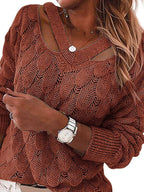 V-neck Off-shoulder Solid Color Pullover