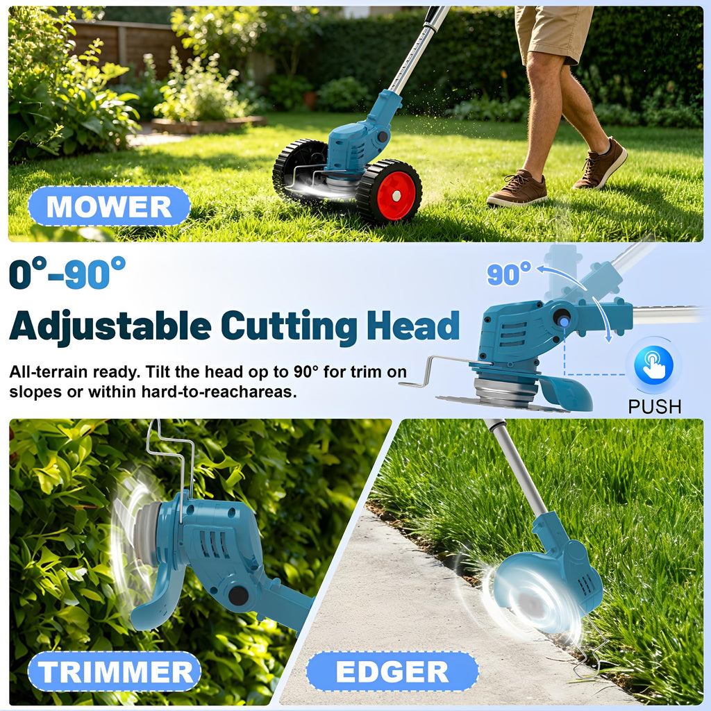 21V Electric Weed Wacker Cordless Weed Eater Battery Powered, String Trimmer Battery Operated, Lightweight 4 in 1 Grass Trimmer/Brush Cutter/Lawn Edger/Mower with Metal Blades &amp; Wheels for Garden Yard