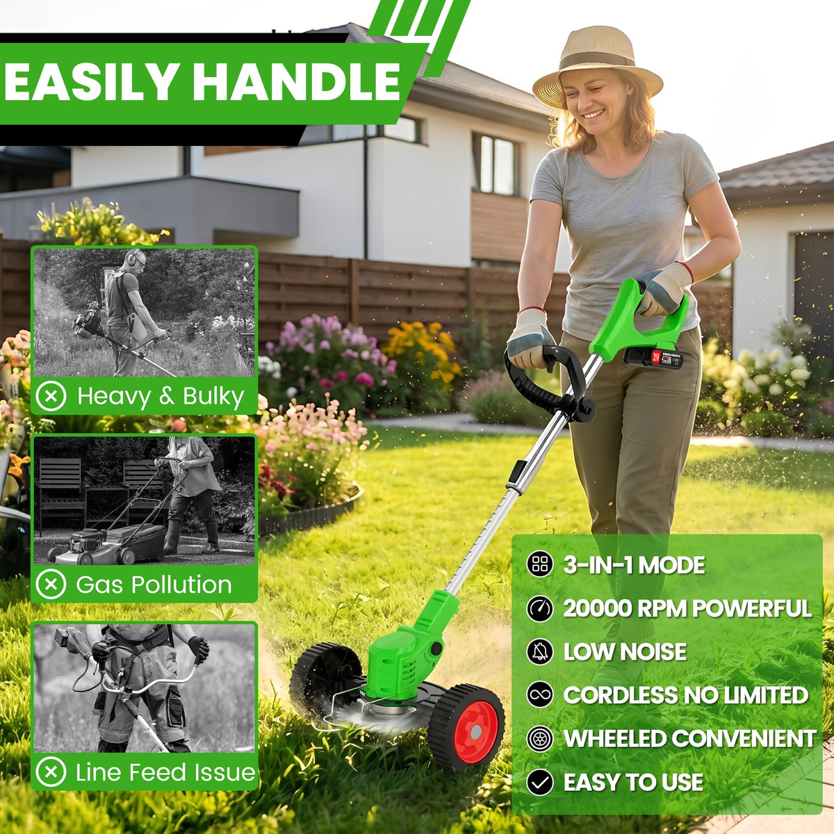 21V Electric Weed Wacker, Cordless Weed Eater Battery Powered, Lightweight Stringless Weed Trimmer with 2 Battery Operated &amp; Wheels, 4 in 1 Grass Trimmer/Brush Cutter/Lawn Edger/Mower for Garden Yard