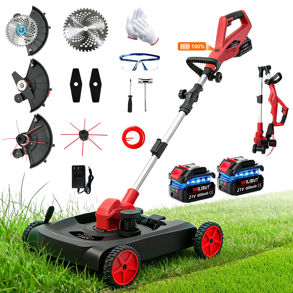 4-in-1 Cordless Lawn Mower, Weed Eater and Edger Combo, Adjustable Height &amp; Angle, Electric String Trimmer with Wheels Grass Trimmer for Garden Yard (2x4.0Ah Battery &amp; Charger Included)