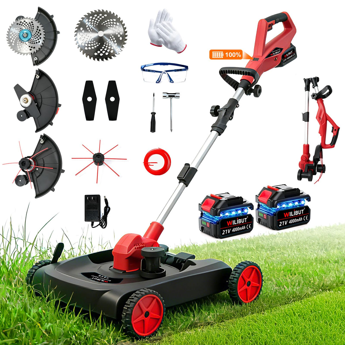 4-in-1 Cordless Lawn Mower, Weed Eater and Edger Combo, Adjustable Height &amp; Angle, Electric String Trimmer with Wheels Grass Trimmer for Garden Yard (2x4.0Ah Battery &amp; Charger Included)