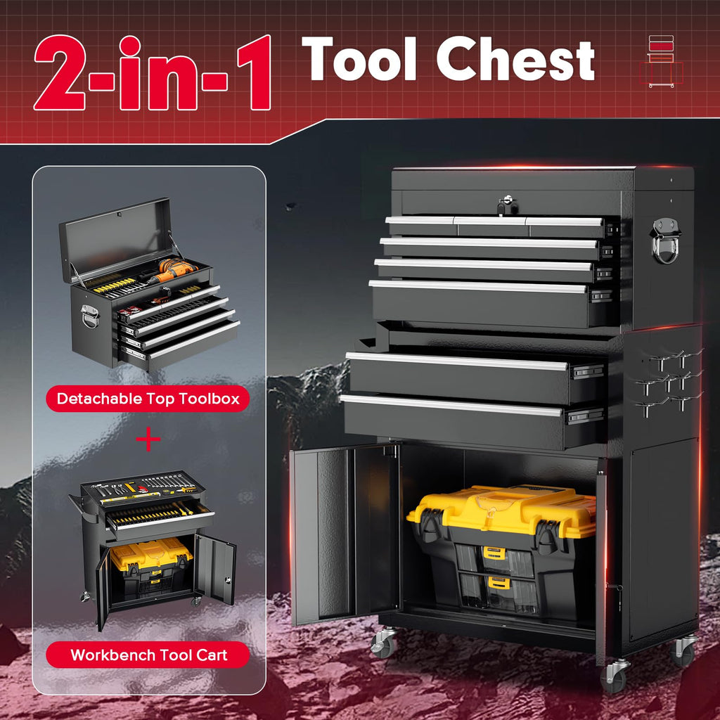 Metal Tool Chest, 8 Drawer Rolling Tool Chest with Wheels, Detachable Tool StoraCabinet with Lock for Garage, Assembled Steel Tool Cart with Liner & Hooks for Workshop, Warehouse (Black)