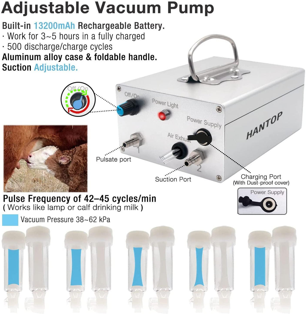 hantop 12l goat milking machine, rechargeable battery powered speed adjustable pulsating vacuum pump, 304 stainless steel milk bucket with auto stop check valve goat milker machine (pro model)