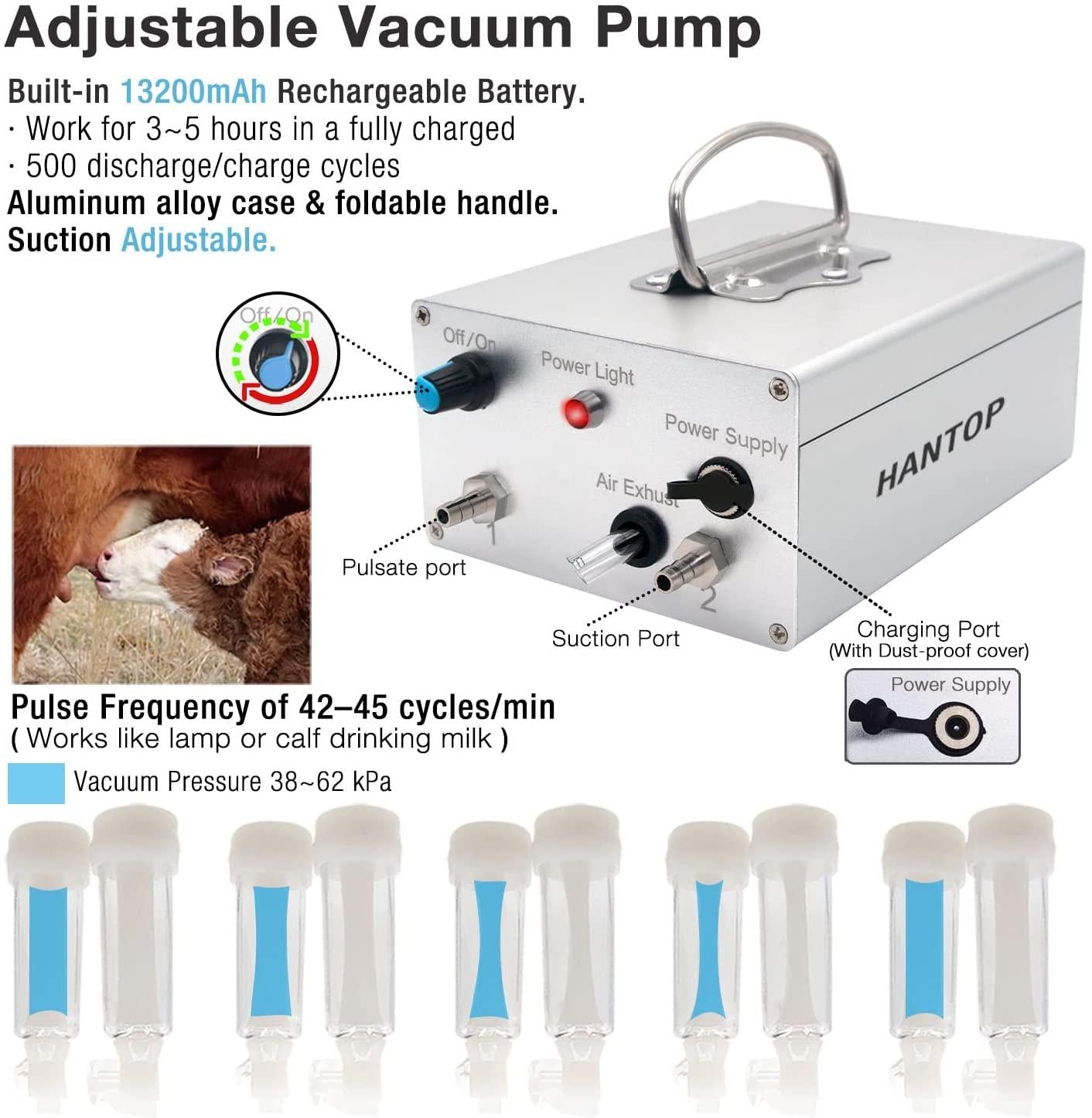 hantop 12l goat milking machine, rechargeable battery powered speed adjustable pulsating vacuum pump, 304 stainless steel milk bucket with auto stop check valve goat milker machine (pro model)