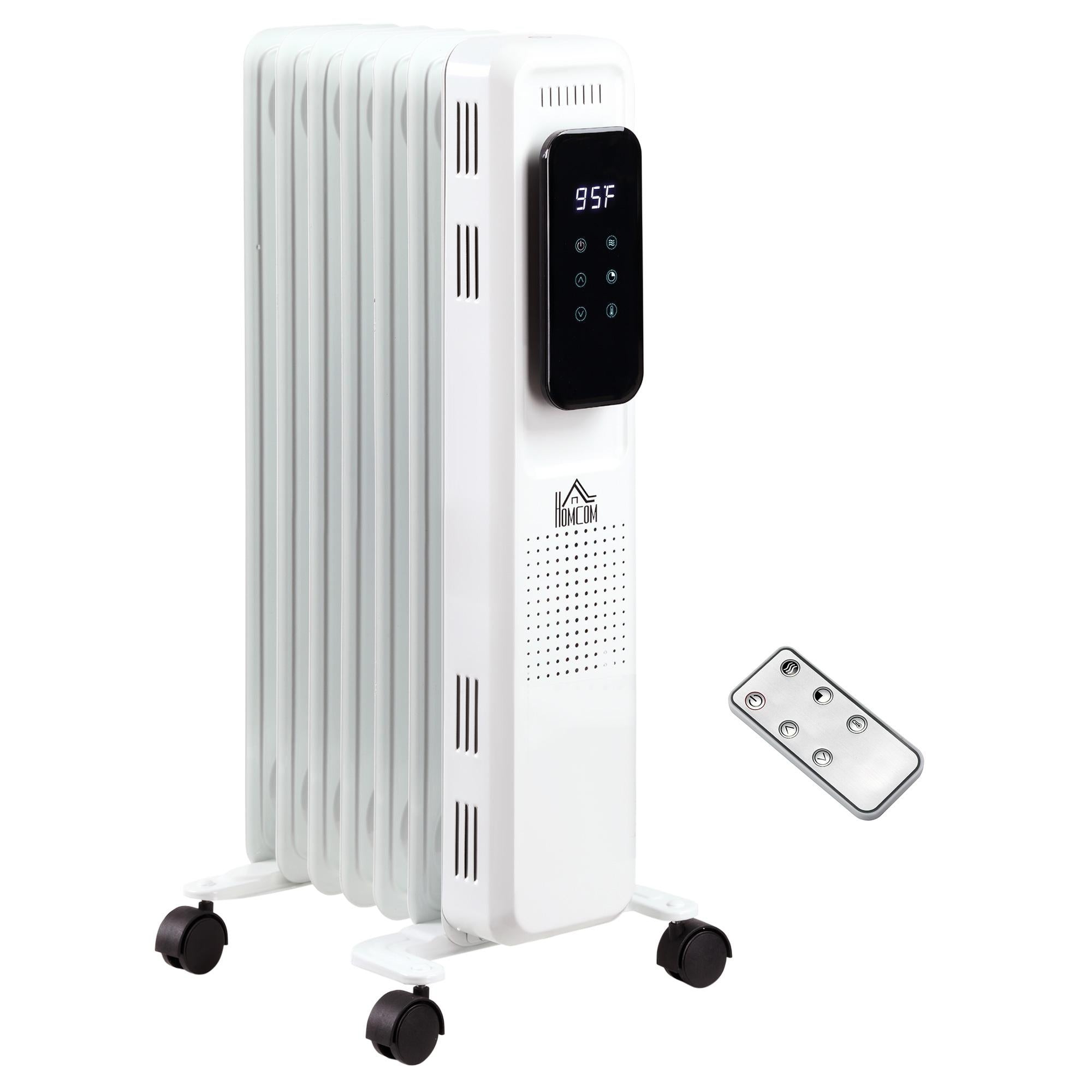 Carevas 1500W 7-Fin Oil Filled Radiator Electric Space w/ Remote &amp; Wheels, White