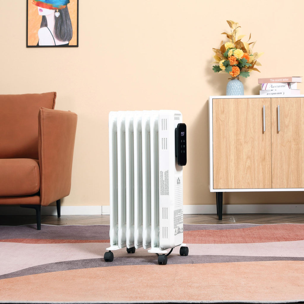 1500W 7-Fin Oil Filled Radiator Electric Space w/ Remote &amp; Wheels, White