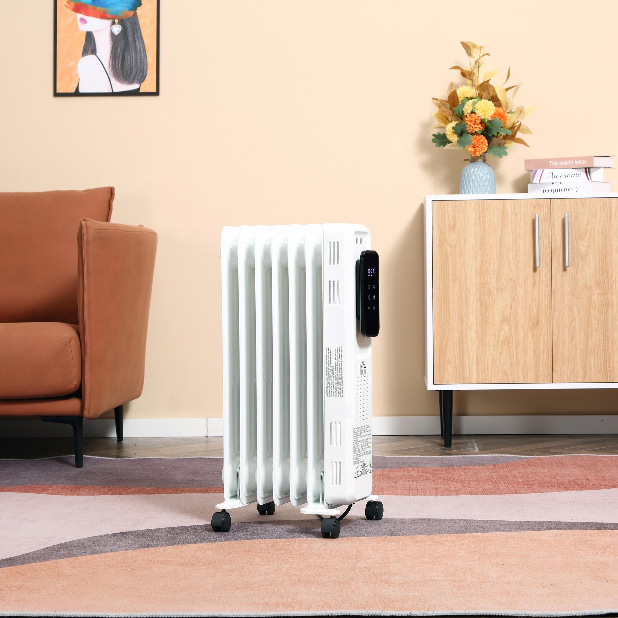 Eccomum 1500W 7-Fin Oil Filled Radiator Electric Space w/ Remote &amp; Wheels, White