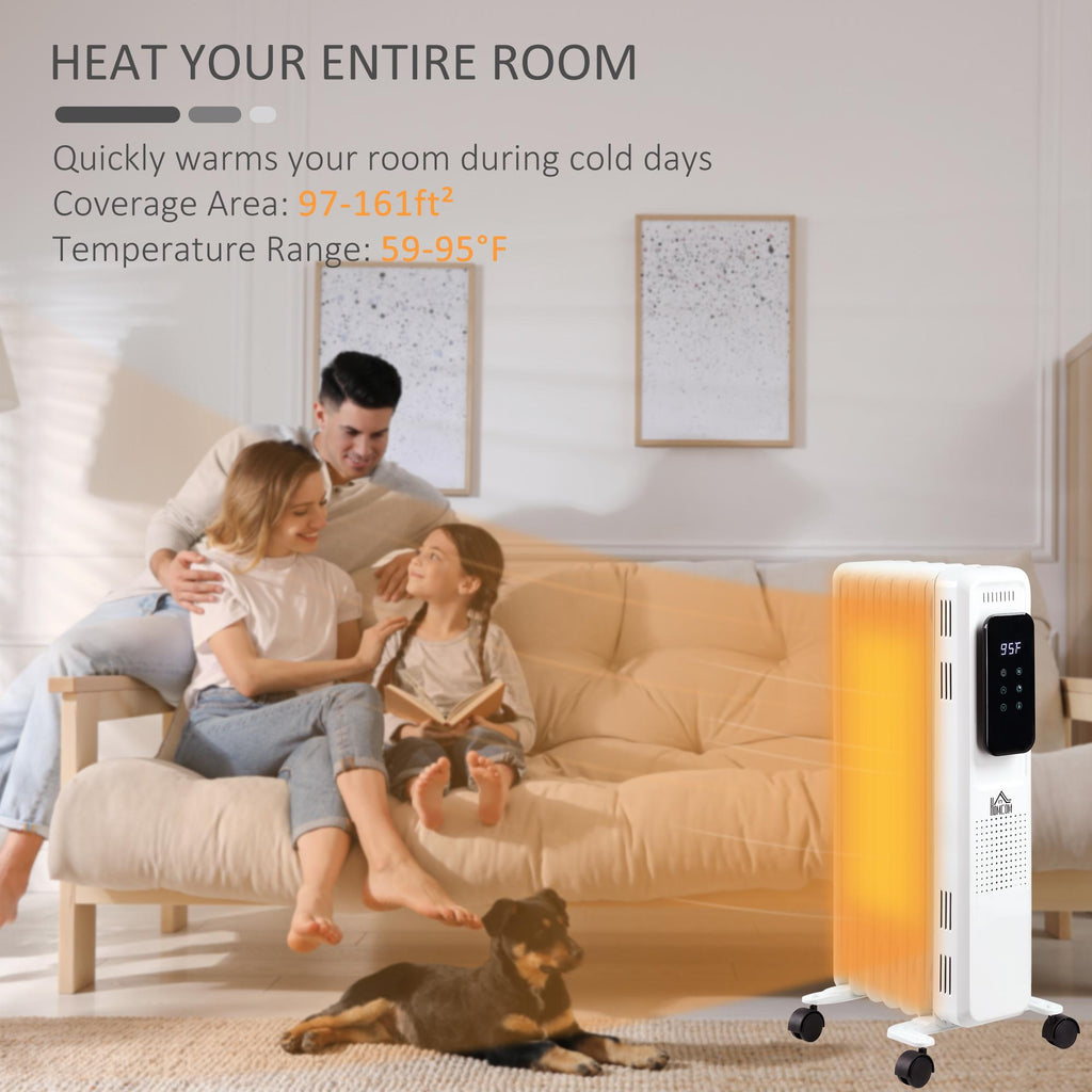 Carevas 1500W 7-Fin Oil Filled Radiator Electric Space w/ Remote &amp; Wheels, White