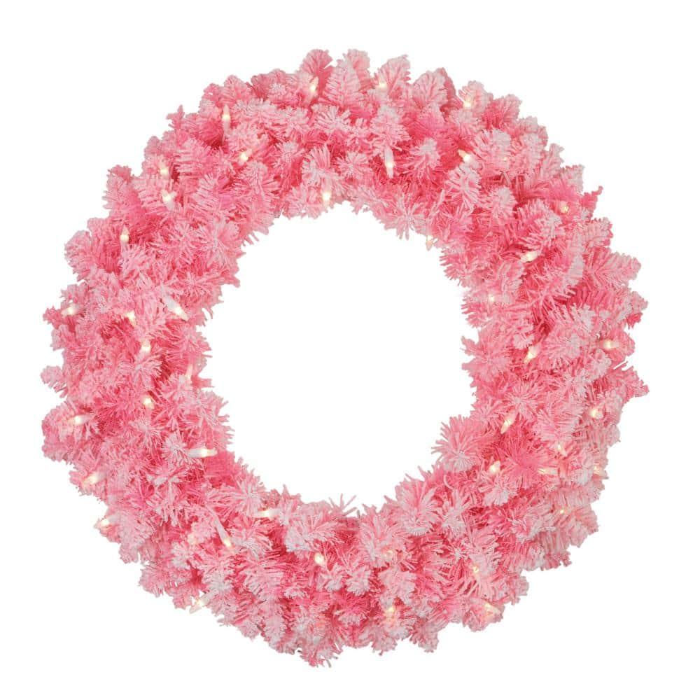 24 in. Pre-Lit Flocked Pink Artificial Christmas Wreath with Clear Lights