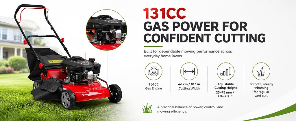 3 in 1 Self Propelled Gas Lawn Mower, 131cc 4-Stroke Engine with 50L Grass Bag &amp; Big Wheels, 3-in-1 Mulching/Side Discharge/Rear Bag, Push Button Start for Medium to LarLawns Red