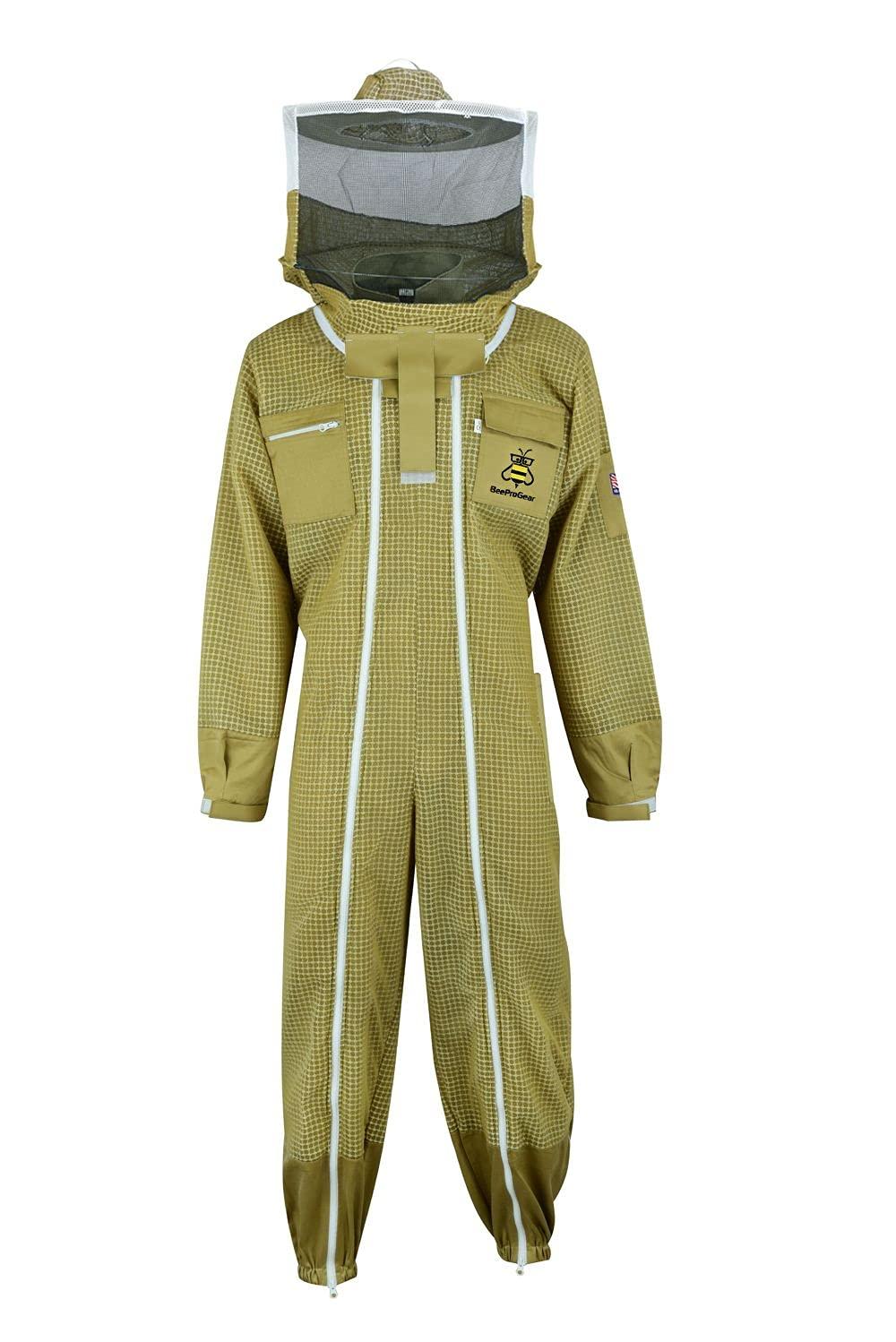 beeprogear ultra ventilated pilot suit round veil brown | unisex white fabric mesh beekeeping suit| pilot style beekeeper suit | double zip from neck to toes (medium)