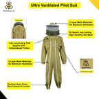 beeprogear ultra ventilated pilot suit round veil brown | unisex white fabric mesh beekeeping suit| pilot style beekeeper suit | double zip from neck to toes (medium)