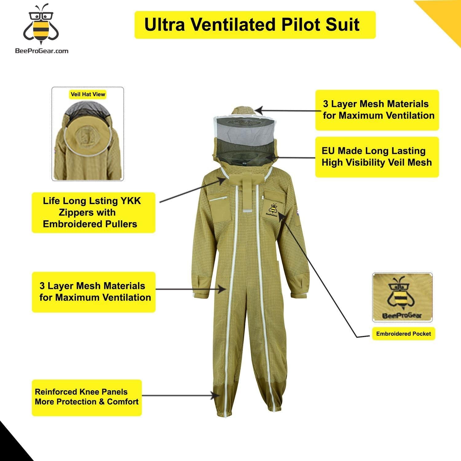 beeprogear ultra ventilated pilot suit round veil brown | unisex white fabric mesh beekeeping suit| pilot style beekeeper suit | double zip from neck to toes (medium)