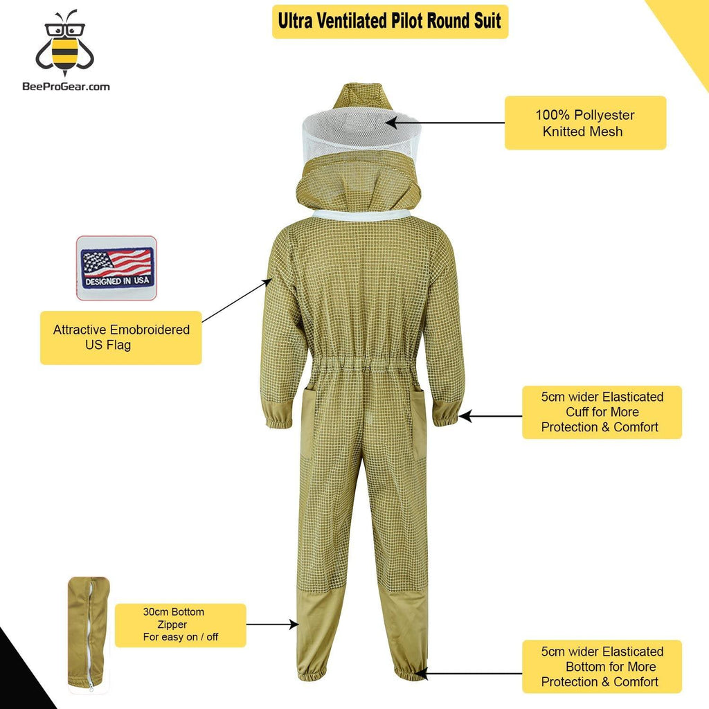 beeprogear ultra ventilated pilot suit round veil brown | unisex white fabric mesh beekeeping suit| pilot style beekeeper suit | double zip from neck to toes (medium)