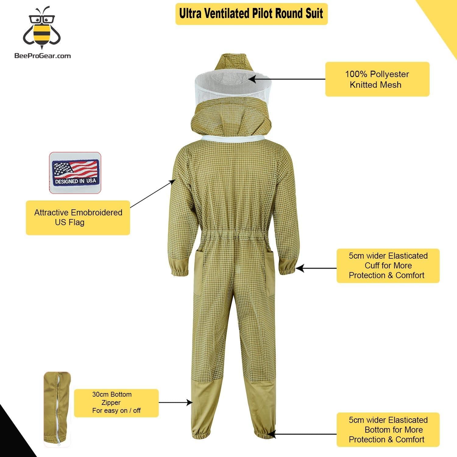 beeprogear ultra ventilated pilot suit round veil brown | unisex white fabric mesh beekeeping suit| pilot style beekeeper suit | double zip from neck to toes (medium)