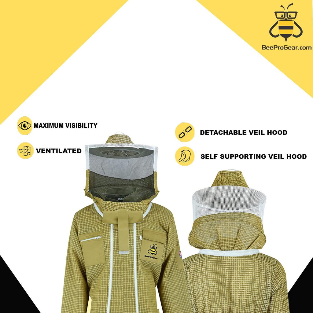 beeprogear ultra ventilated pilot suit round veil brown | unisex white fabric mesh beekeeping suit| pilot style beekeeper suit | double zip from neck to toes (medium)
