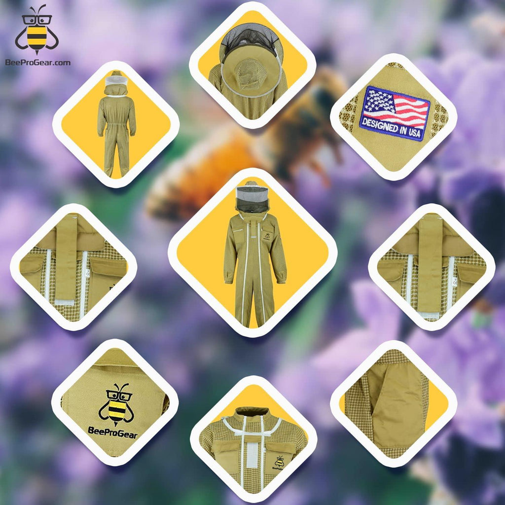 beeprogear ultra ventilated pilot suit round veil brown | unisex white fabric mesh beekeeping suit| pilot style beekeeper suit | double zip from neck to toes (medium)