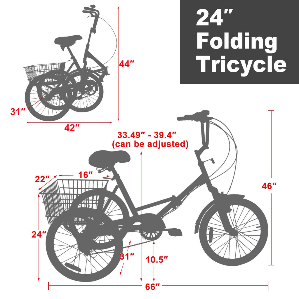 7 Speed Adult Folding Tricycle, 24" 3 Wheel Seniors Beginner Portable Trike