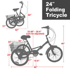 7 Speed Adult Folding Tricycle, 24" 3 Wheel Seniors Beginner Portable Trike