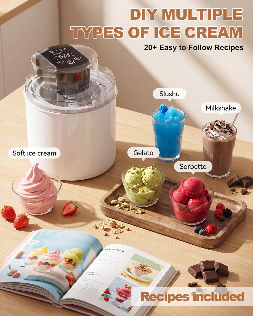 Ice Cream Maker Machine – 2.1 Quart Ice Cream Machine for Gelato, Sorbet & Frozen Yogurt, Pre-Freeze Bowl, LCD Screen and Timer, Perfect for 6-10 Servings, Easy to Use & Clean