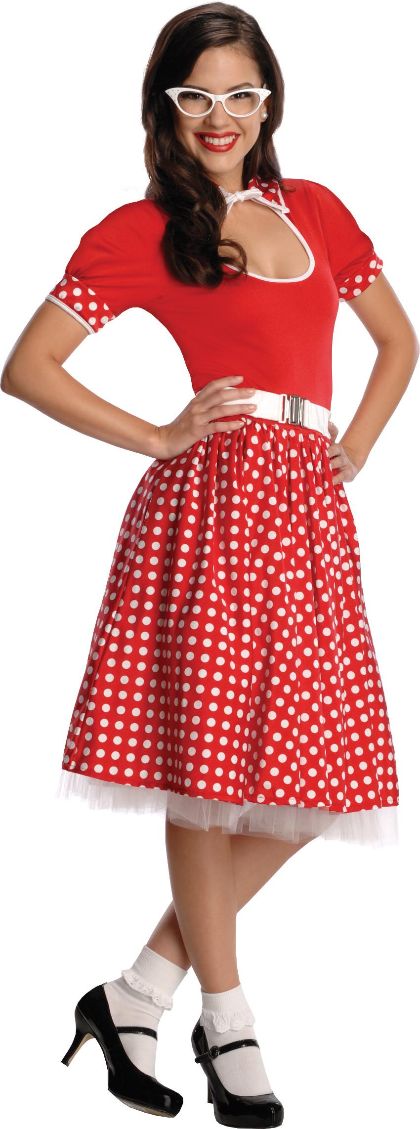Womens Adult 50s Nerd Girl Red Dress Costume