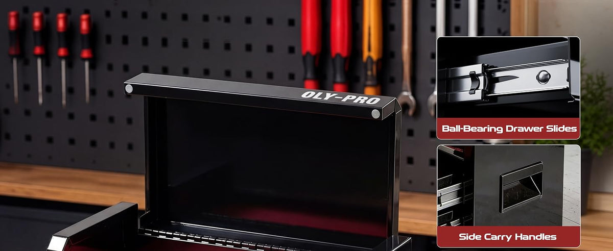 Mini Toolbox with 2 Drawers and Top Storage, Durable Tool Box Steel Construction with Ball-Bearing Slides, Multi-Purpose Portable Tool Boxes Case Organizer for Garage, Black