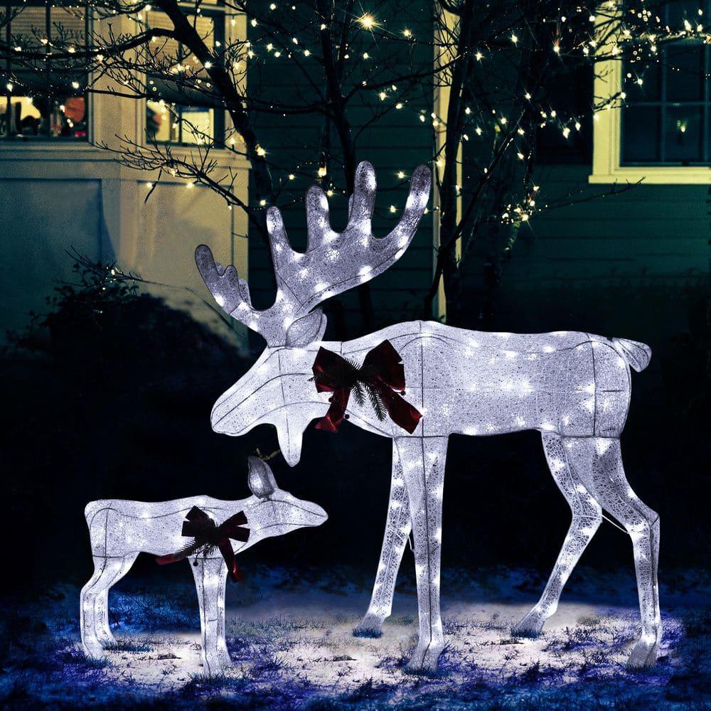 48 in. 2-Piece White Outdoor Moose Christmas Yard Decorations with White LED Lights