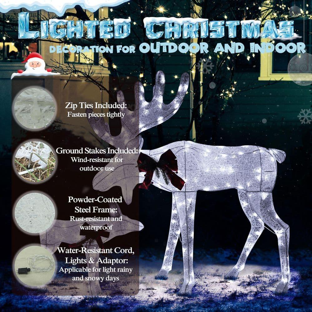 48 in. 2-Piece White Outdoor Moose Christmas Yard Decorations with White LED Lights