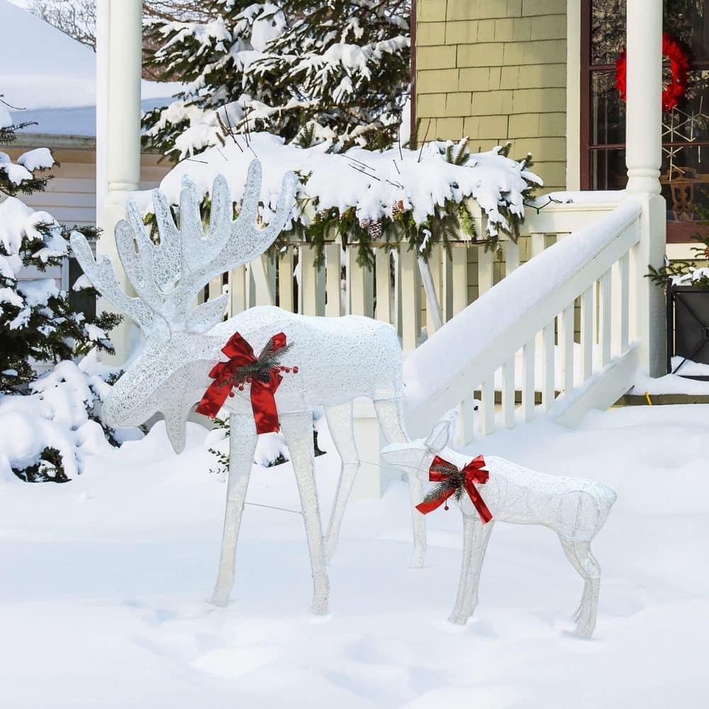 48 in. 2-Piece White Outdoor Moose Christmas Yard Decorations with White LED Lights