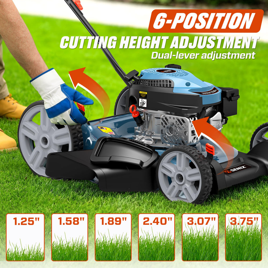 144 cc Gas Lawn Mower, 21 inch 2-in-1 Push with Mulching and Side Discharge, 4-Cycle Engine, 6 Position Cutting Height Adjustment for Yard and Garden