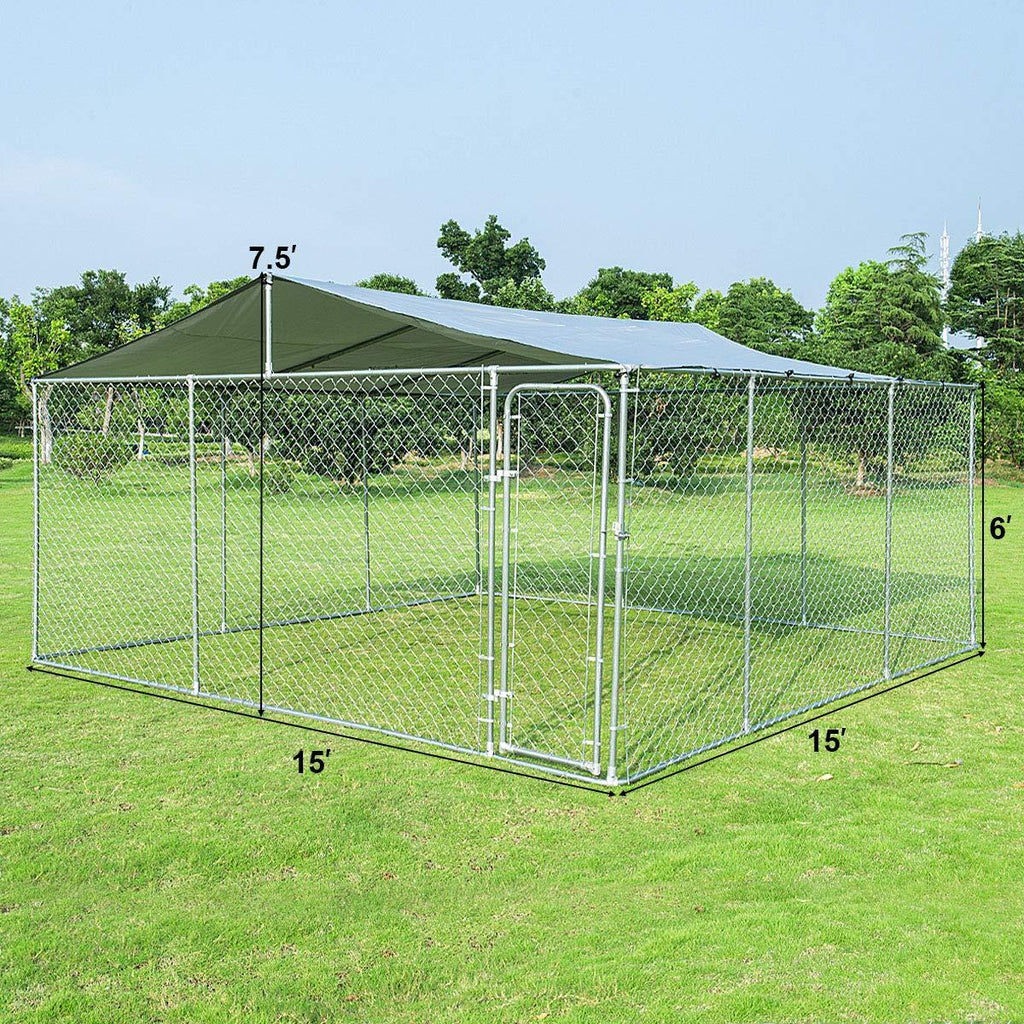 Giantex LarOutdoor Dog Kennel with Shade Roof Cover, Pet Dog Run House with Canopy Top, Chain-Link Mesh Sidewalls, Dog Kennel for Training