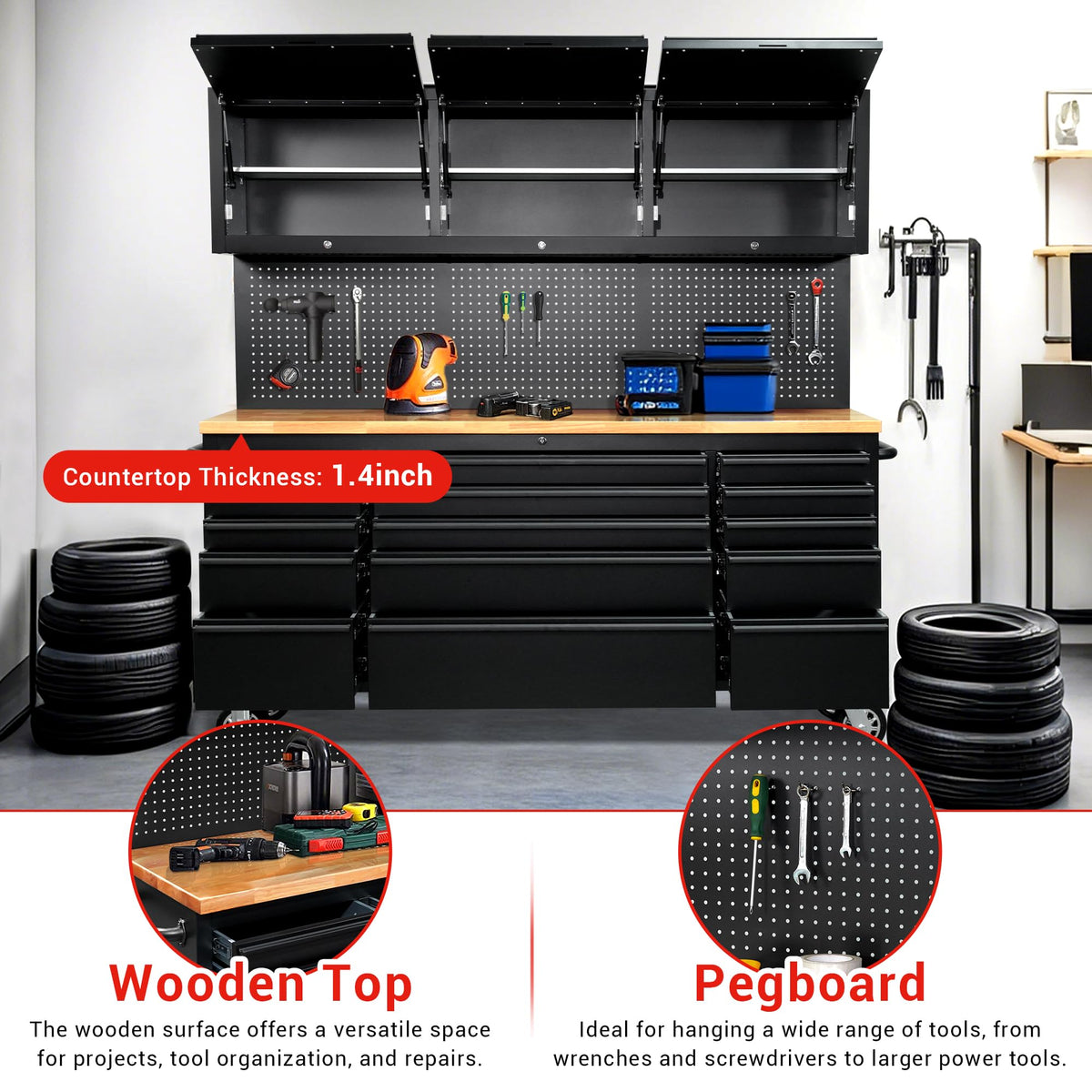 72-inch Tool Chest Cabinet Rolling GaraWorkbench with 15 StoraDrawers and Wheels, 3 Upper Cabinet, Pegboard, Steel LarTool Box,Matte Black