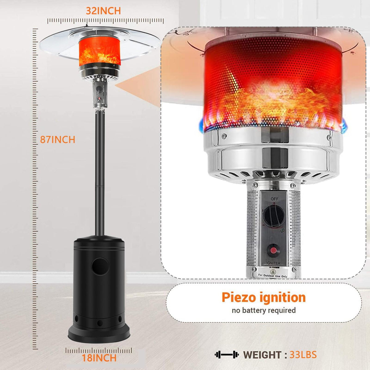 DJKDJL Outdoor Patio Heater With Wheels,Propane 46,000 BTU Premium Outdoor Patio Heater, Black, 77*46*46cm