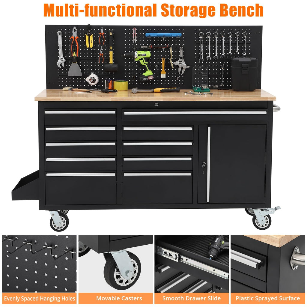 61-Inch Heavy Duty Rolling Tool Chest with 10 Drawers and Solid Rubber Top Mobile Workstation, 1675 LBS Load, Includes Power Strip, LocSystem for GaraWarehouse Repair Shop