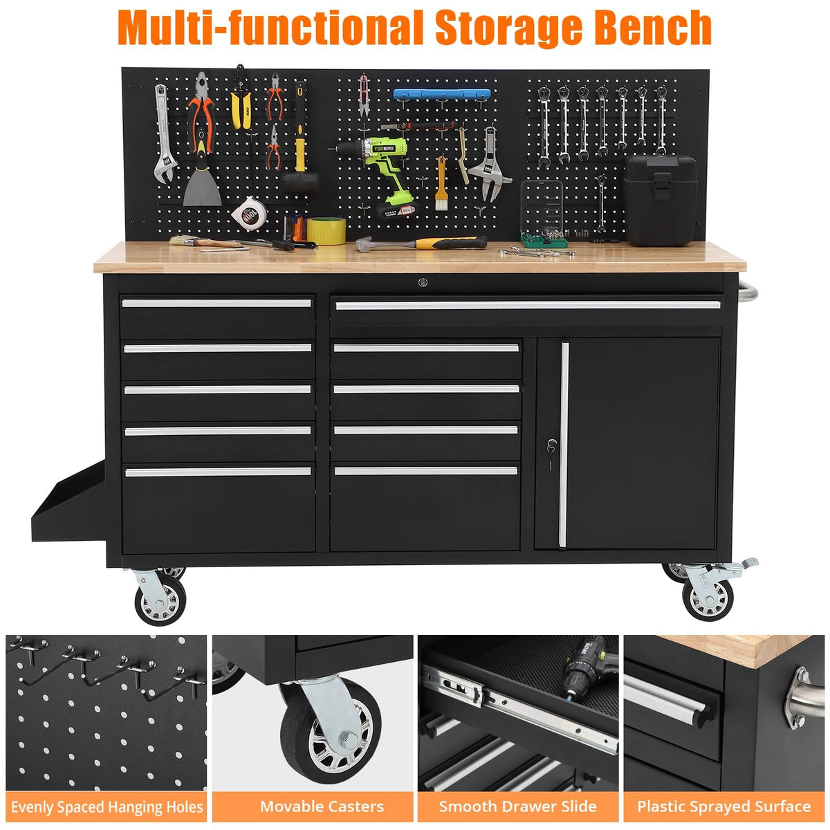 61-Inch Heavy Duty Rolling Tool Chest with 10 Drawers and Solid Rubber Top Mobile Workstation, 1675 LBS Load, Includes Power Strip, LocSystem for GaraWarehouse Repair Shop