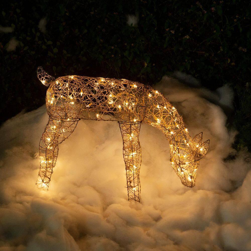 29 in. Grazing Rattan Reindeer Decoration with White Halogen Lights
