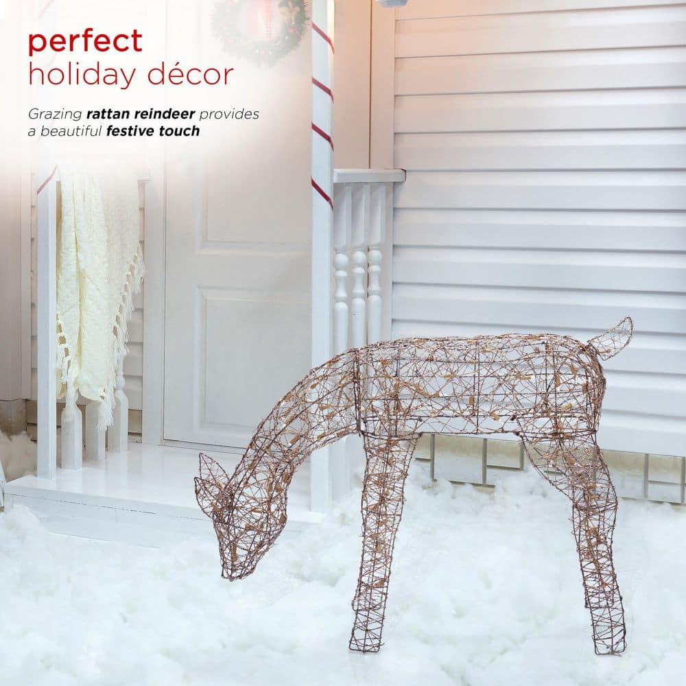 29 in. Grazing Rattan Reindeer Decoration with White Halogen Lights