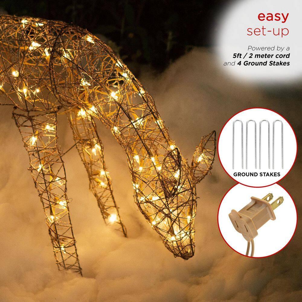 29 in. Grazing Rattan Reindeer Decoration with White Halogen Lights