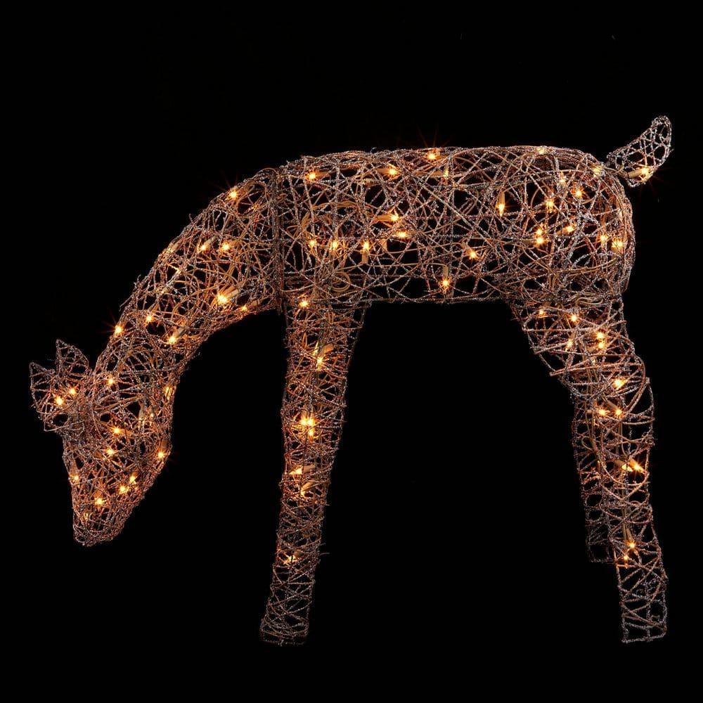 29 in. Grazing Rattan Reindeer Decoration with White Halogen Lights