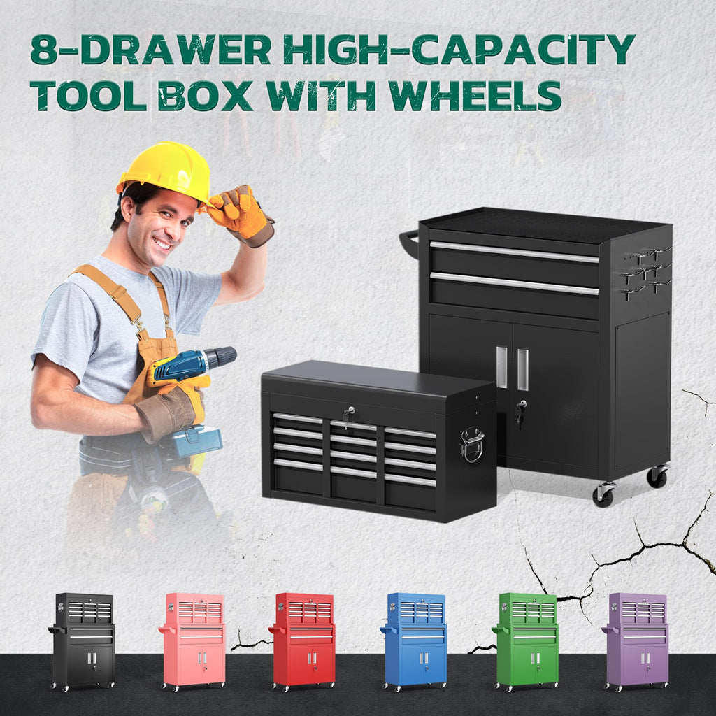 Tool Chest, 8-Drawer Rolling Tool Cart with Hooks, Tray Divider, Liners, 2 in 1 Detachable Tool Cabinet, Metal Tool StoraCart, Tool Box for GaraWorkshop(Black)