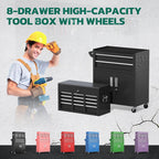 Tool Chest, 8-Drawer Rolling Tool Cart with Hooks, Tray Divider, Liners, 2 in 1 Detachable Tool Cabinet, Metal Tool StoraCart, Tool Box for GaraWorkshop(Black)