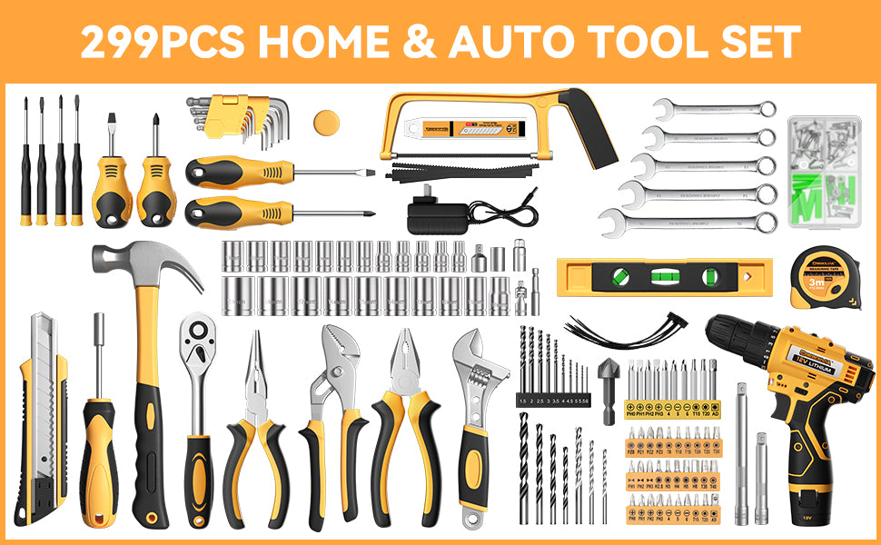 Tool Kit Box Drill Set with 12V Power Cordless Drill 299-Piece Tool Kit for Home Tool Set StoraCase with Drawer General Household Drill Set for Home Mechanics Repairs Men & Women, DIY