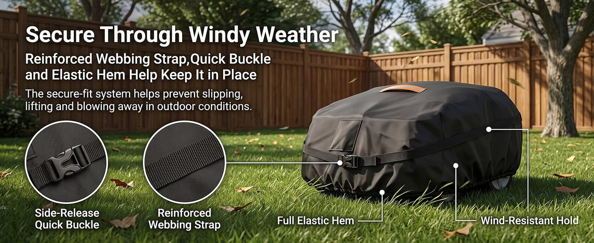 Robot Lawn Mower Cover Waterproof, 420D Outdoor Robotic Mower Cover, Black | 420D waterproof fabric, backyard robotic mower storafor rain snow dust sun, webbing strap,  buckle, elastic hem, vent