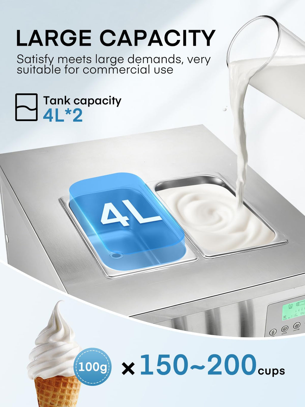 Commercial Ice Cream Machine 5.3-7.4 Gal/H, 3 Flavors Countertop Soft Serve Ice Cream Machine with 8L Hopper, Auto Clean Ice Cream Maker With Pre-Cooling for Snack Restaurants Bars, 1800W